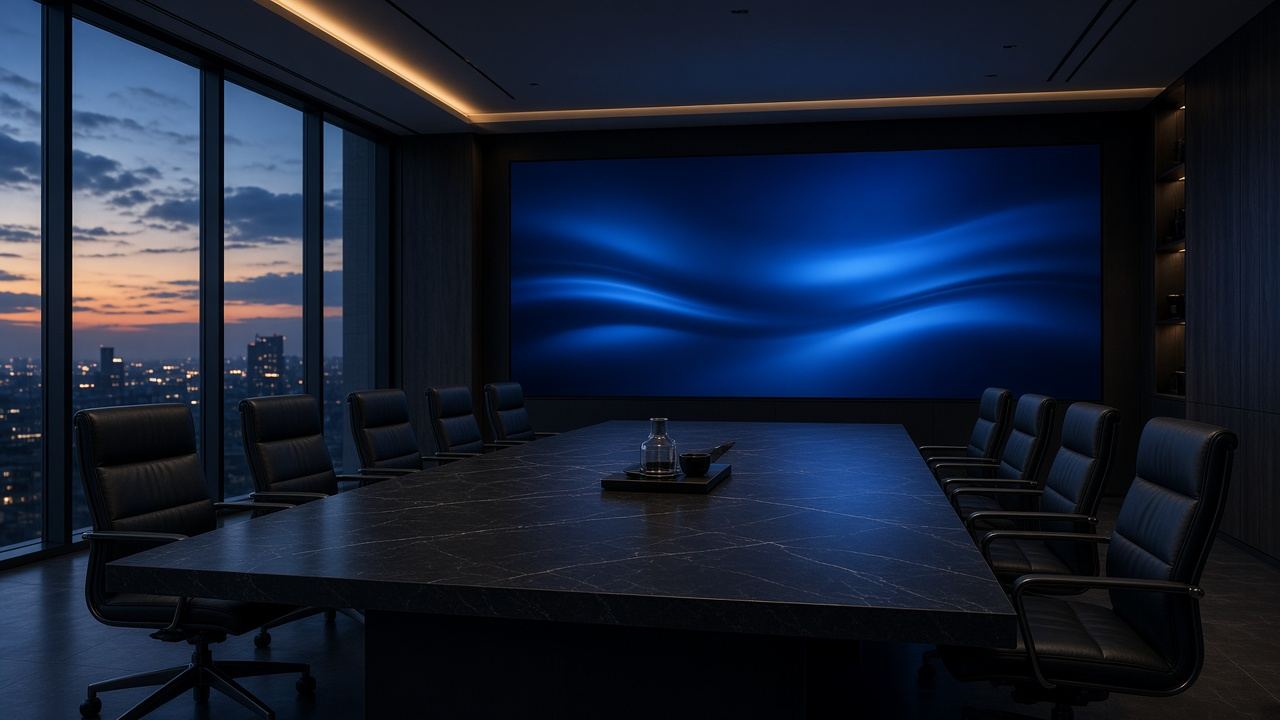 Dusk boardroom with a full-width LED wall overlooking a city