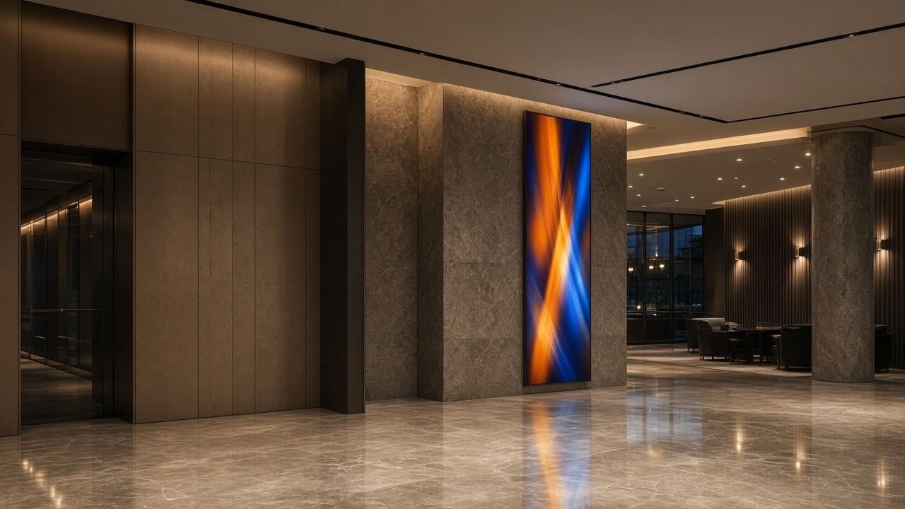 Evening hotel lobby with stone, bronze and a discreet digital column