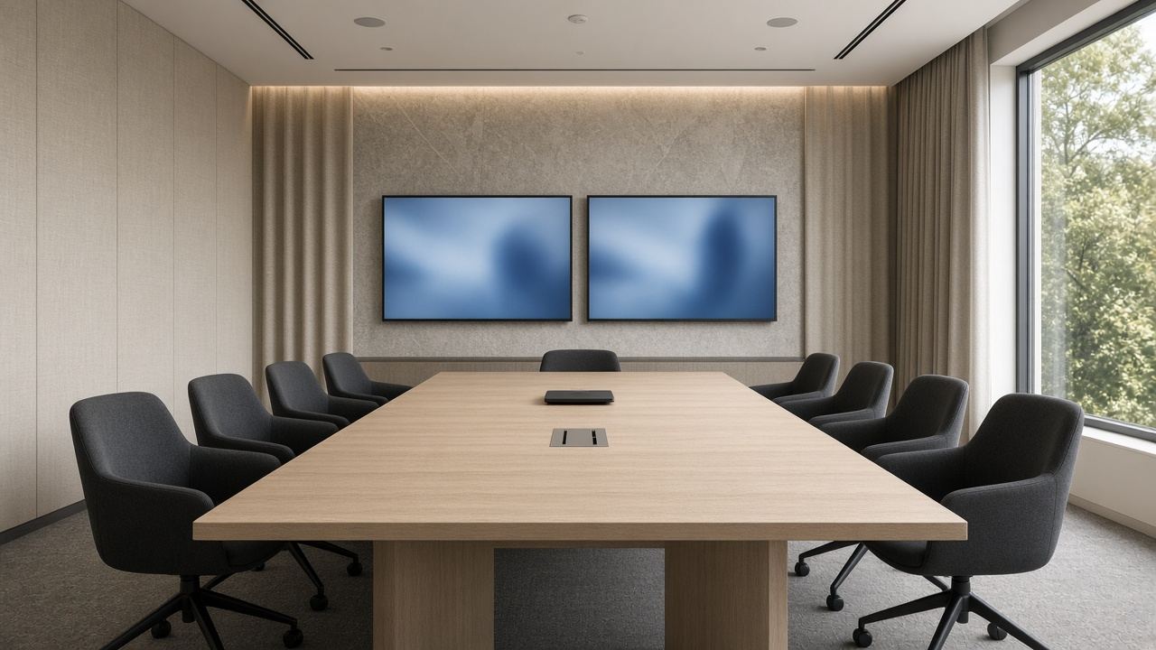 Premium conference room with an oak table, charcoal chairs and twin displays