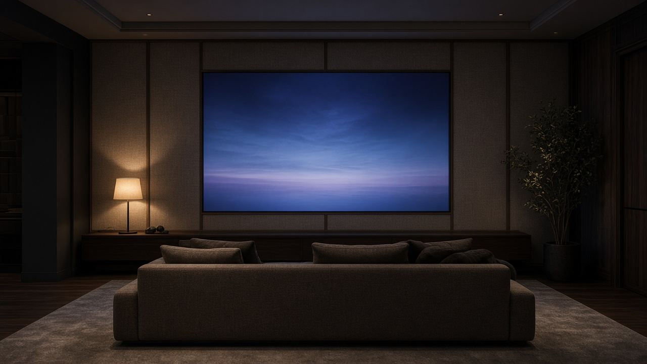 Private screening lounge with a wide screen and low warm light