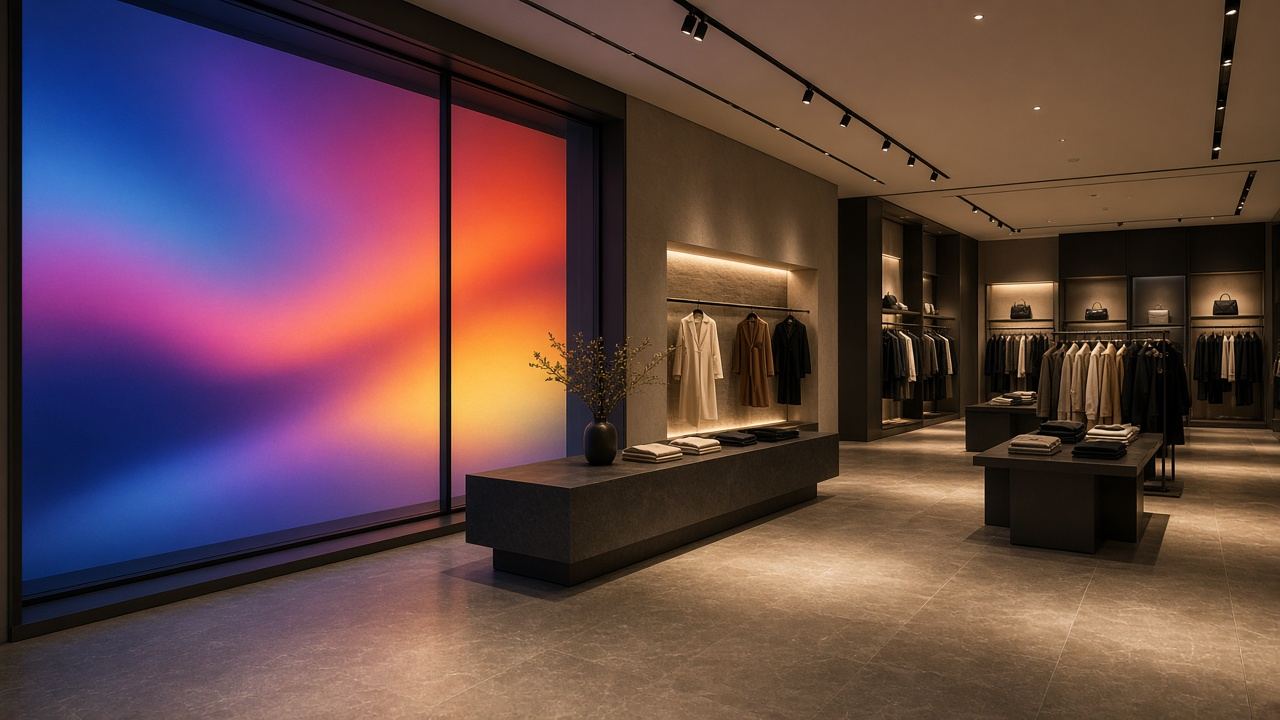 Evening retail interior with a large window display of abstract light
